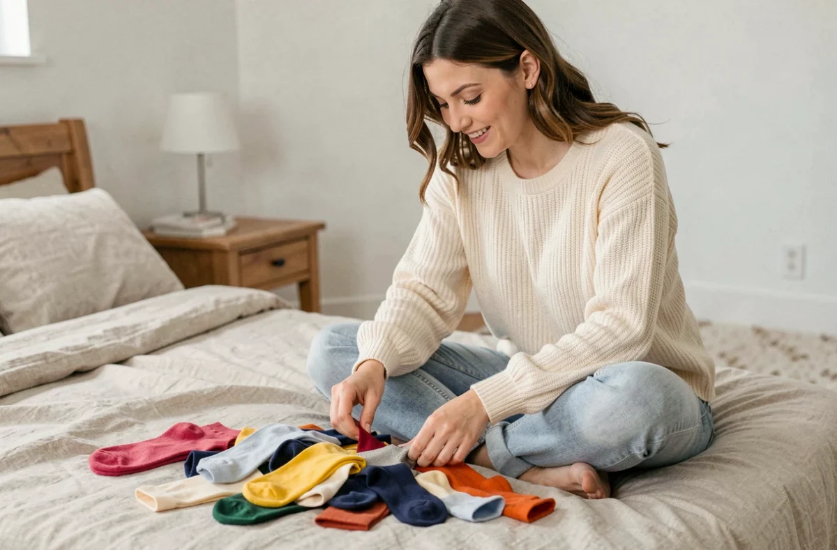 Jeune femme assortissant des chaussettes colorées sur son lit dans une chambre cosy et lumineuse