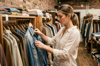 Femme parcourant des vêtements de seconde main sur un portant dans une friperie vintage