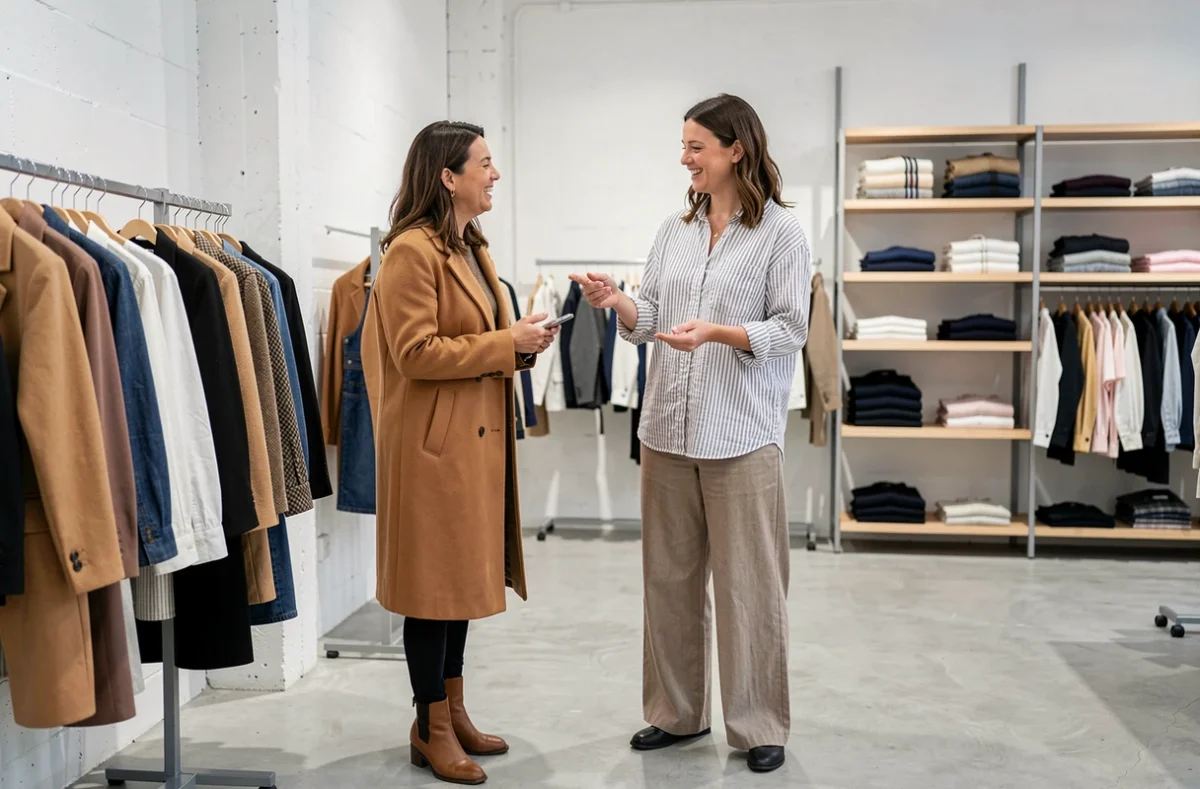 Deux femmes aux styles vestimentaires différents qui comparent des vêtements dans une boutique de mode minimaliste et discutent de leurs choix de tenues