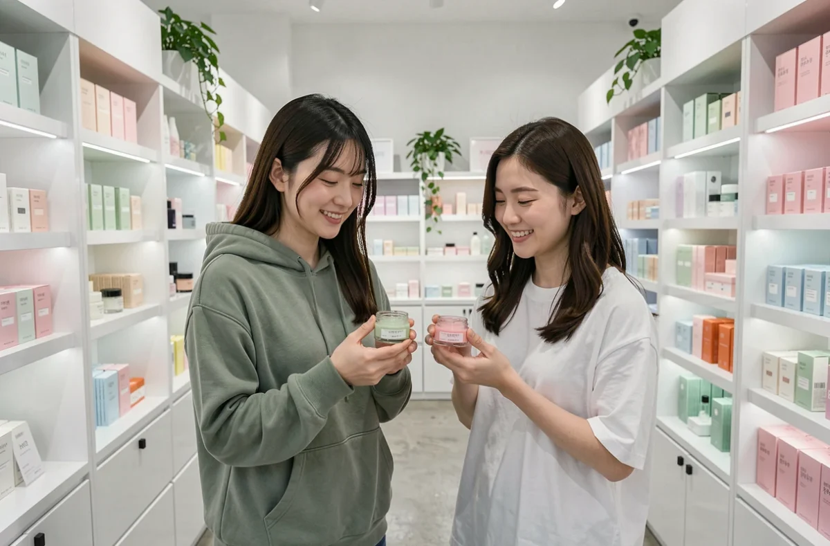 Deux jeunes femmes coréennes comparant des produits de soins coréens dans une boutique de cosmétiques minimaliste à Séoul