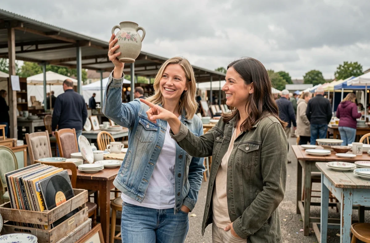 Deux femmes inspectant des objets de brocante sur un marché de seconde main en plein air