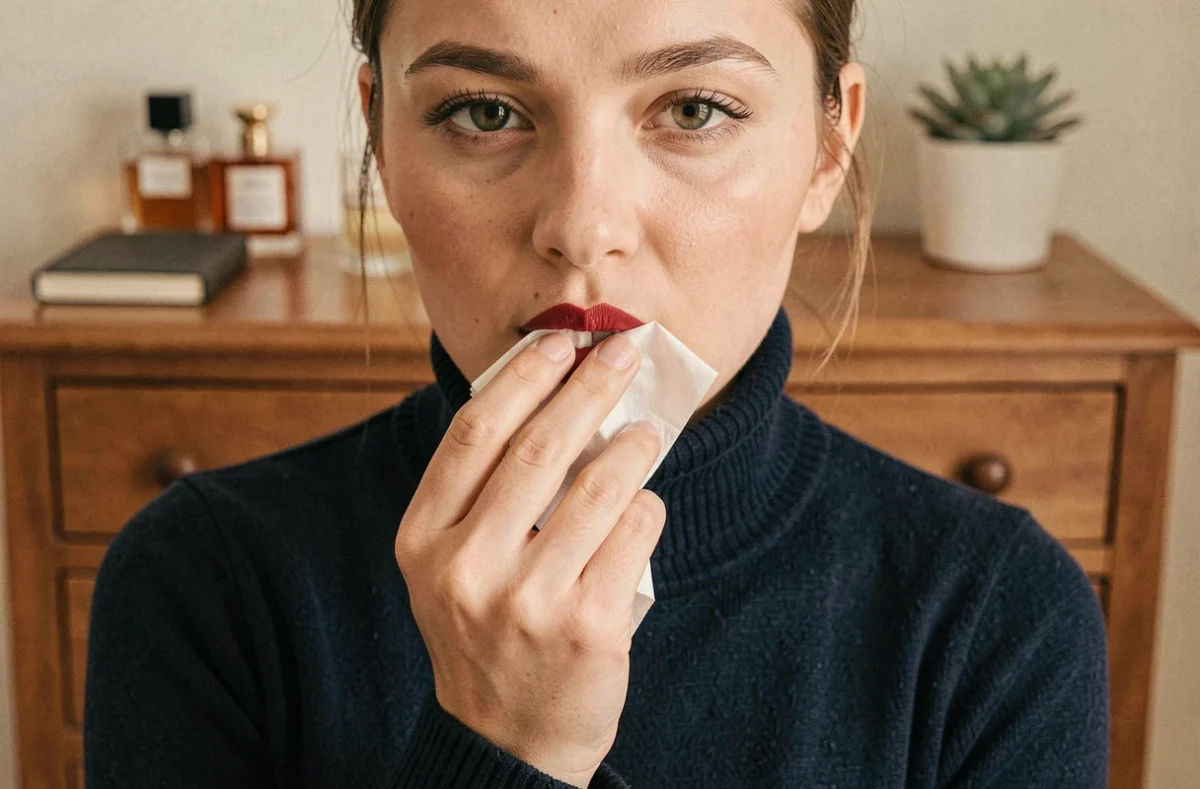 Jeune femme tamponnant ses lèvres avec un mouchoir pour fixer le rouge à lèvres rouge et le faire durer