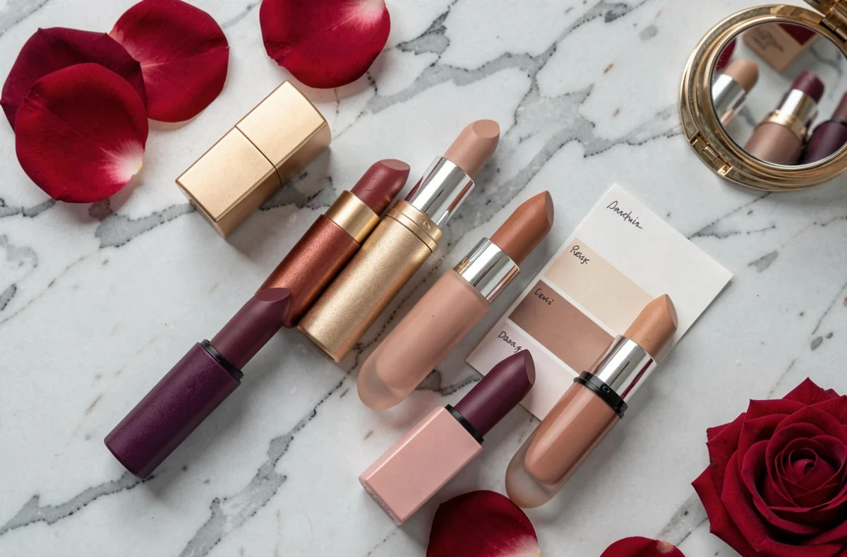 Flat-lay de six rouges à lèvres en dégradé de teintes sur marbre blanc avec pétales de rose