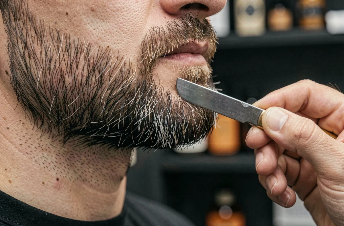 Gros plan sur la taille précise d'une barbe au rasoir droit par un barbier expert