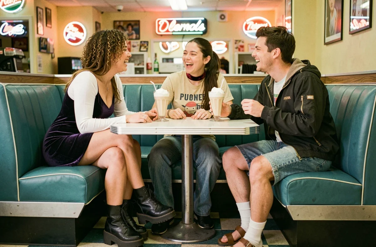 Groupe d'amis en tenues variées des années 90 — robe nuisette, jean évasé et velours — dans un diner américain rétro avec cabines en vinyle et sol en damier