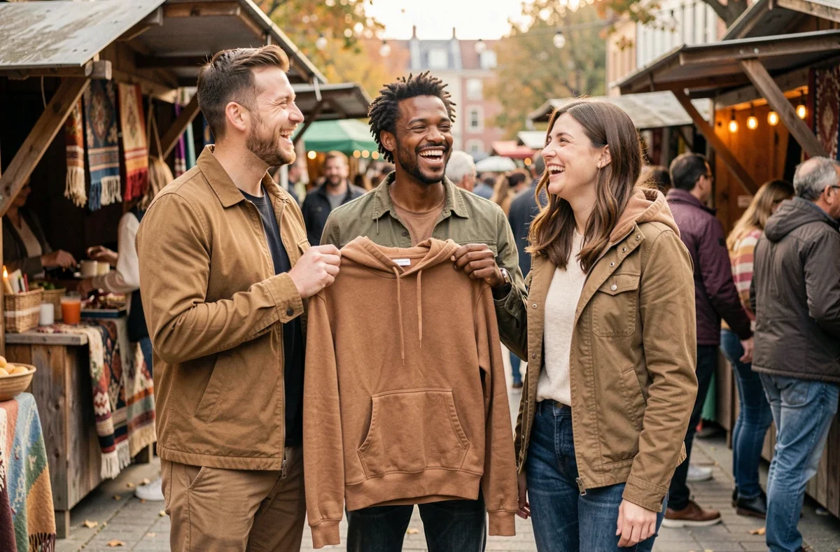 Groupe d'amis testant un sweat taille M dans un marché en plein air urbain