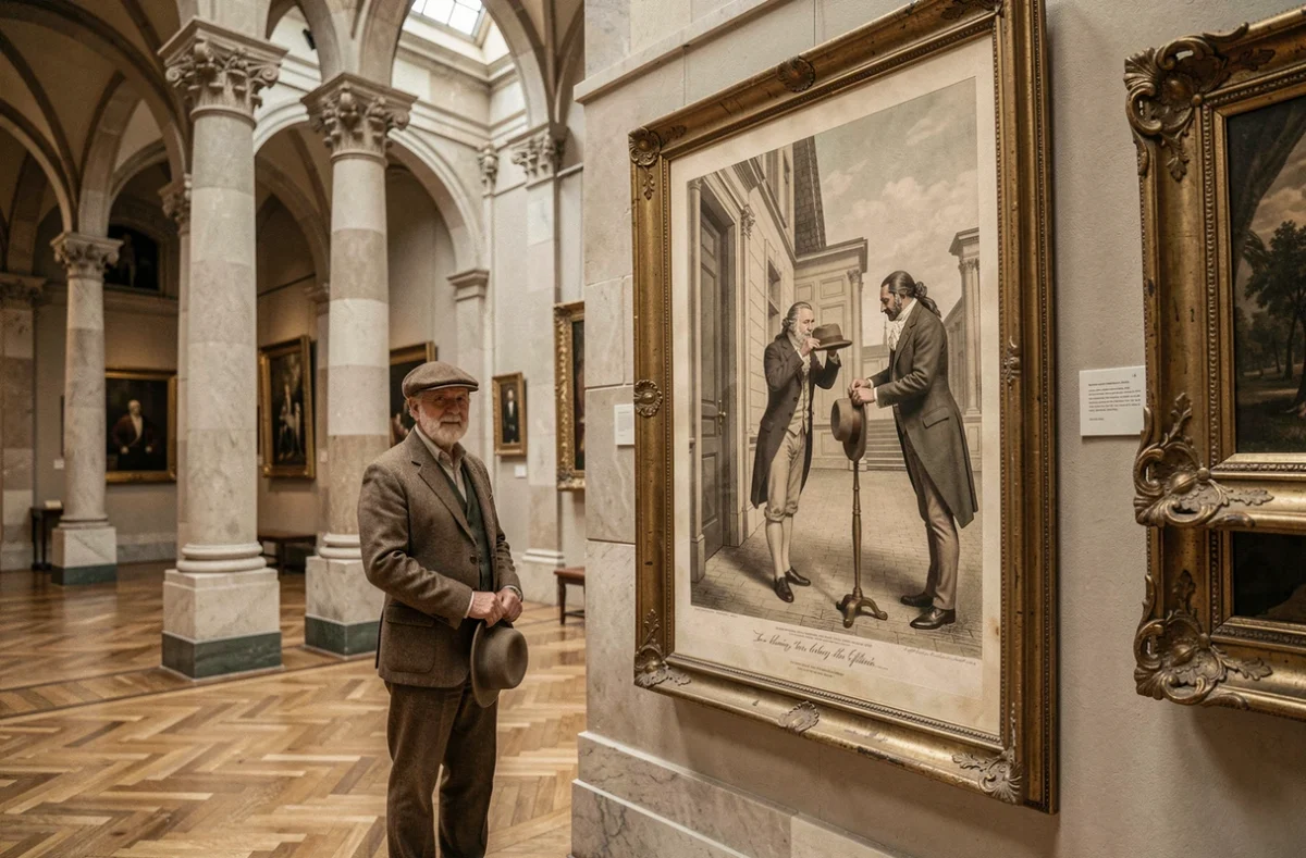 Conservateur de musée portant une casquette devant une illustration historique sur les règles de politesse liées au chapeau