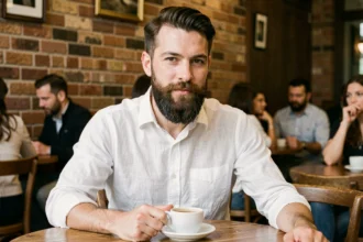 Portrait d'un homme avec une barbe pleine et bien taillée dans un café parisien, illustrant l'élégance et le soin apporté au style de barbe