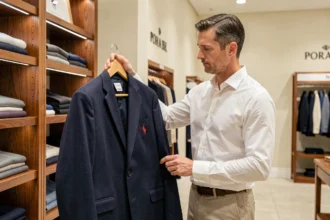 Homme examinant un blazer Polo Ralph Lauren dans un grand magasin haut de gamme