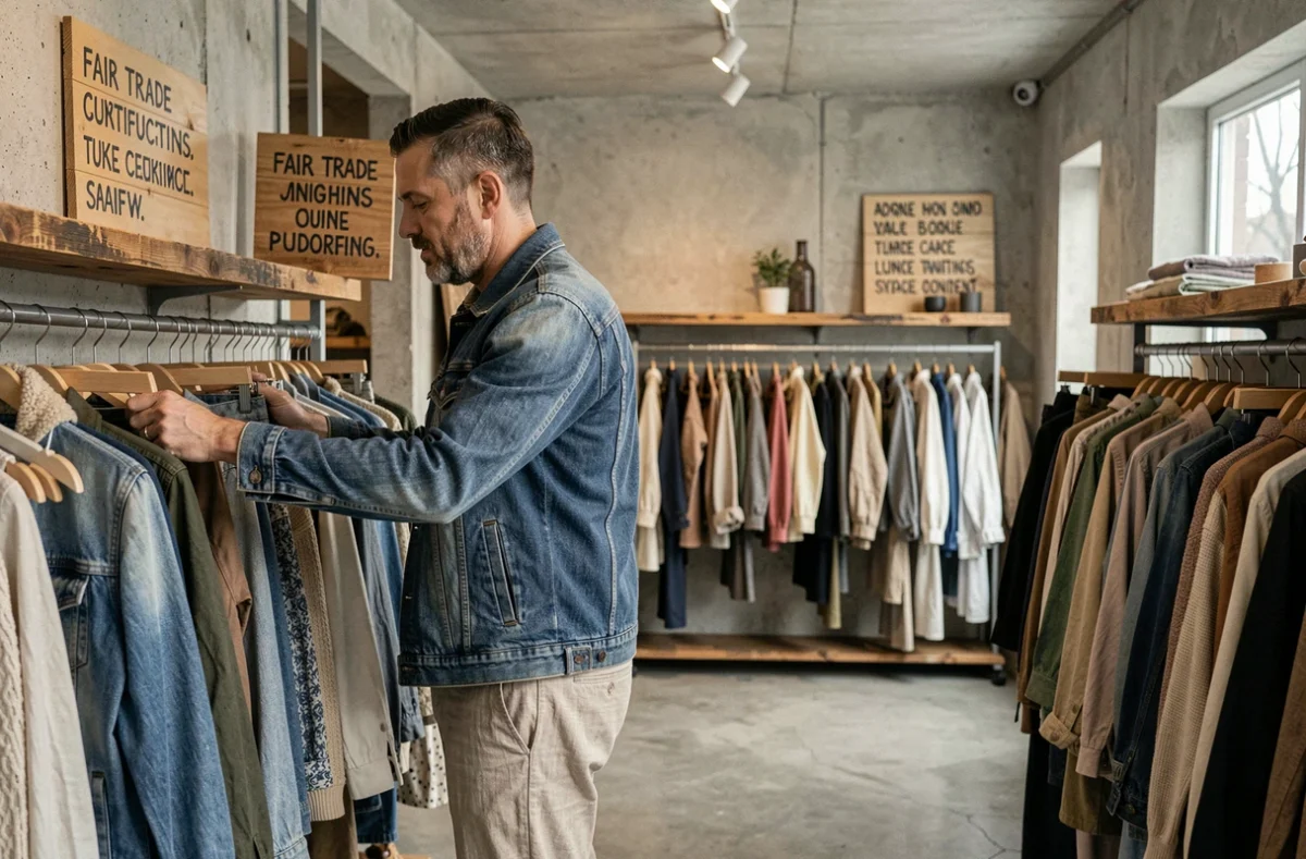 Homme parcourant des vêtements éthiques et upcyclés dans une boutique de mode responsable au décor minimaliste