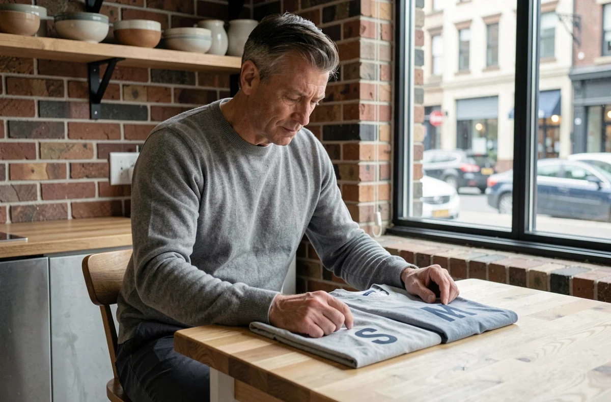 Homme comparant des t-shirts taille S et M sur une table en bois dans une cuisine moderne