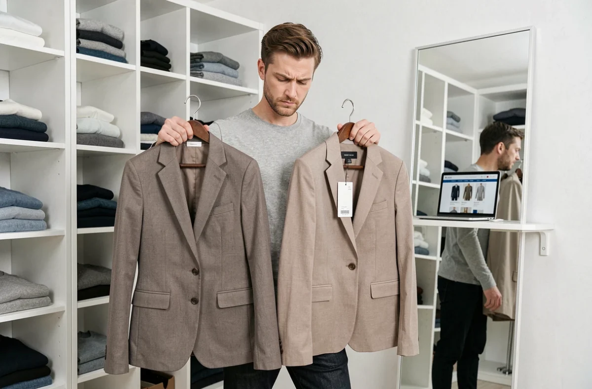 Homme comparant deux vestes de marques différentes en tenant compte du rapport qualité-prix entre Asos et Zalando