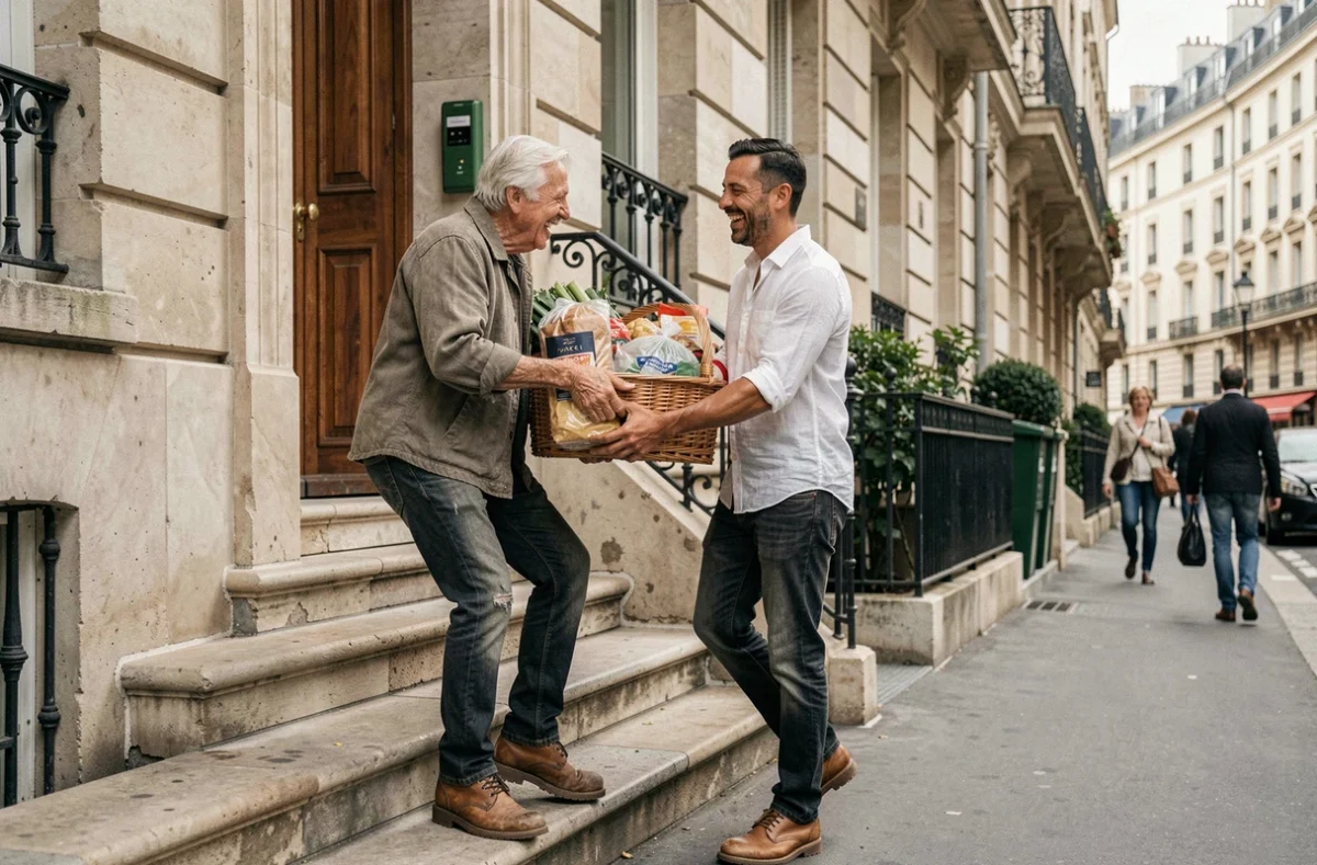 Homme aidant un voisin plus âgé dans un immeuble parisien, symbole de générosité et de caractère impressionnant au quotidien