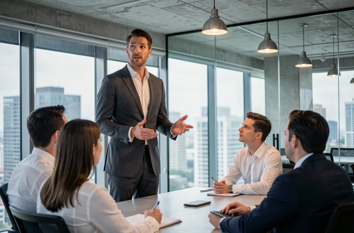 Homme charismatique en costume gris prenant la parole devant son équipe dans un bureau moderne, évoquant le leadership naturel d'un homme impressionnant