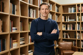 Portrait d'un homme confiant et cultivé dans une bibliothèque moderne, illustrant les qualités d'un homme impressionnant