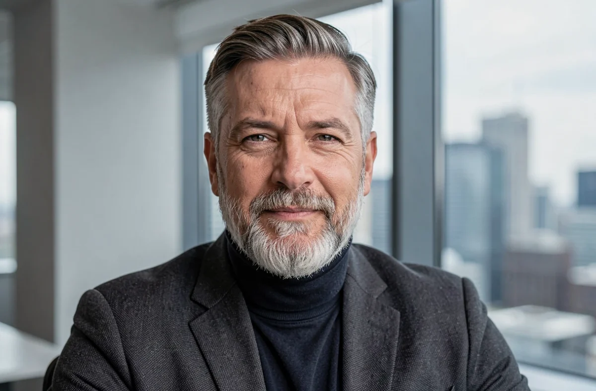 Portrait professionnel d'un homme mature avec une barbe bouc sel et poivre soigneusement entretenue, symbolisant l'autorité et le raffinement dans un environnement de bureau contemporain