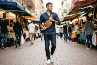 Homme urbain portant un sac banane en cuir beige en bandoulière dans un marché de rue animé