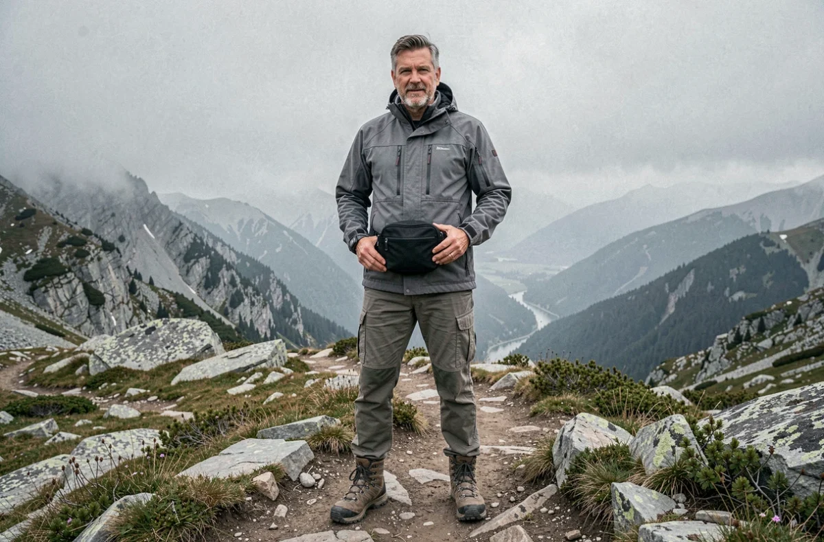 Randonneur masculin portant un sac banane noir en nylon autour de la taille sur un sentier de montagne