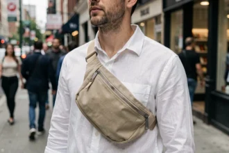 Homme portant un sac banane beige en ville, illustrant la tendance controversée de l'accessoire