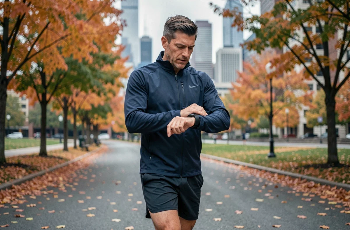 Homme en vêtements de sport consultant sa montre connectée pendant une course urbaine en automne