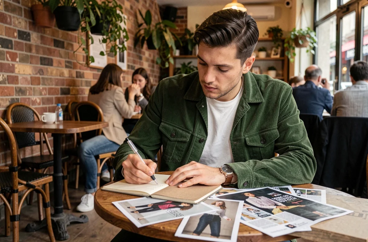 Jeune homme en veste corduroy prenant des notes sur son style vestimentaire dans un café parisien avec des coupures de magazines de mode