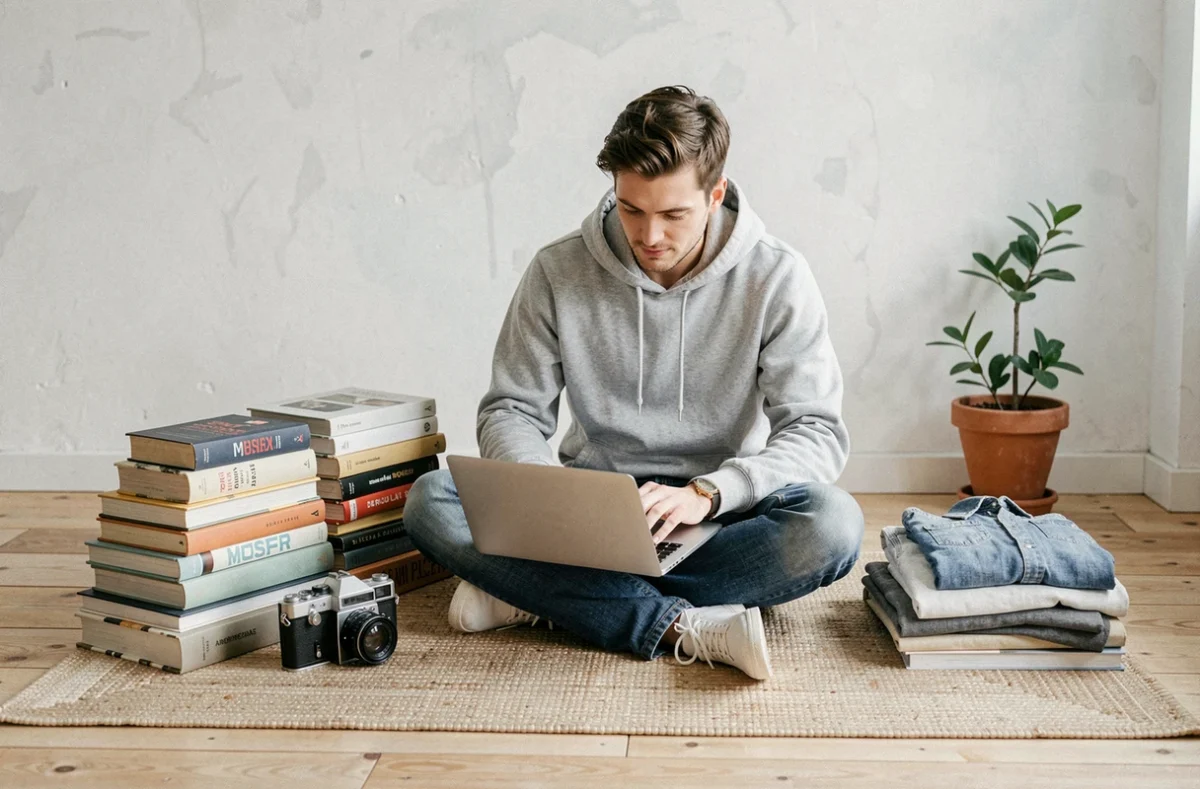 Homme vendant des objets de seconde main en ligne depuis chez lui entouré d'articles à vendre