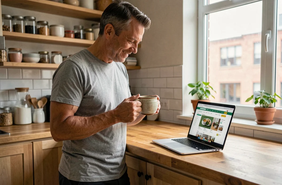 Homme utilisant un site de vente de seconde main sur ordinateur portable dans sa cuisine