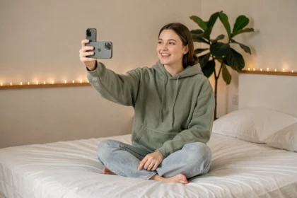 Jeune femme influenceuse filmant un contenu vidéo avec son smartphone dans sa chambre minimaliste