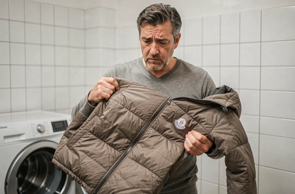 Homme inspectant une veste Moncler dégonflée et non bouffante après lavage, problème de duvet comprimé visible