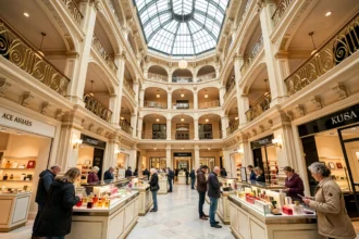 Intérieur d'un grand magasin parisien avec atrium central, balcons dorés et comptoirs de parfumerie au rez-de-chaussée