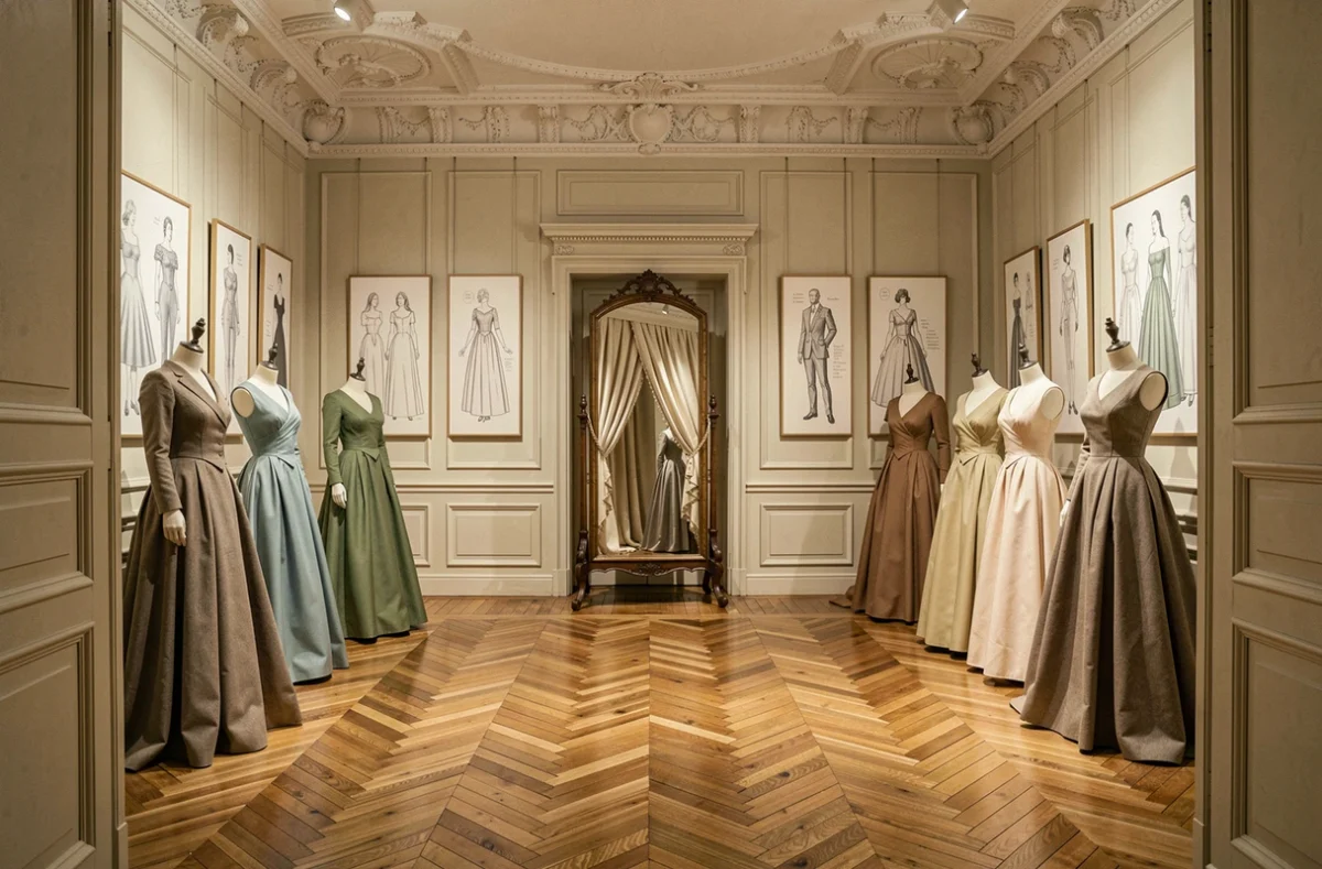 Intérieur d'une maison de couture parisienne du XIXe siècle avec des mannequins habillés en robes de haute couture historiques