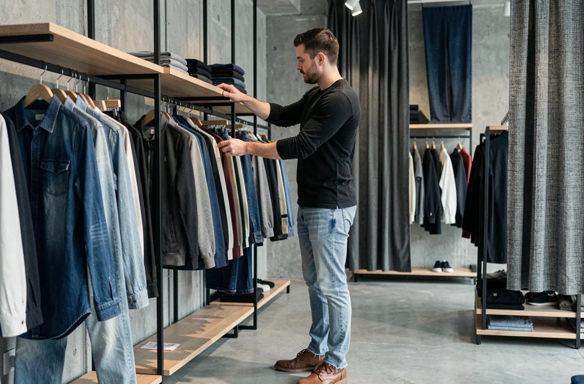Homme en jean barrel leg délavé clair dans un concept store moderne tendance