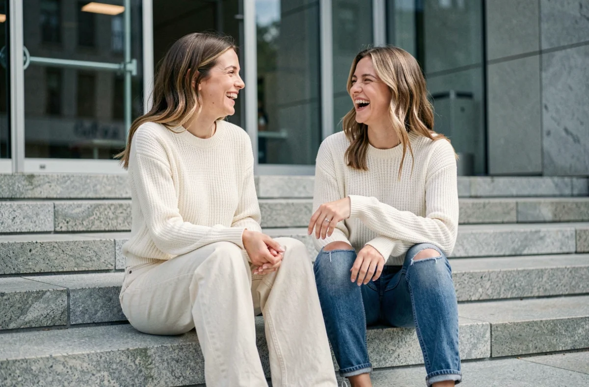 Deux femmes assises portant des jeans tendance wide leg et slim en extérieur urbain