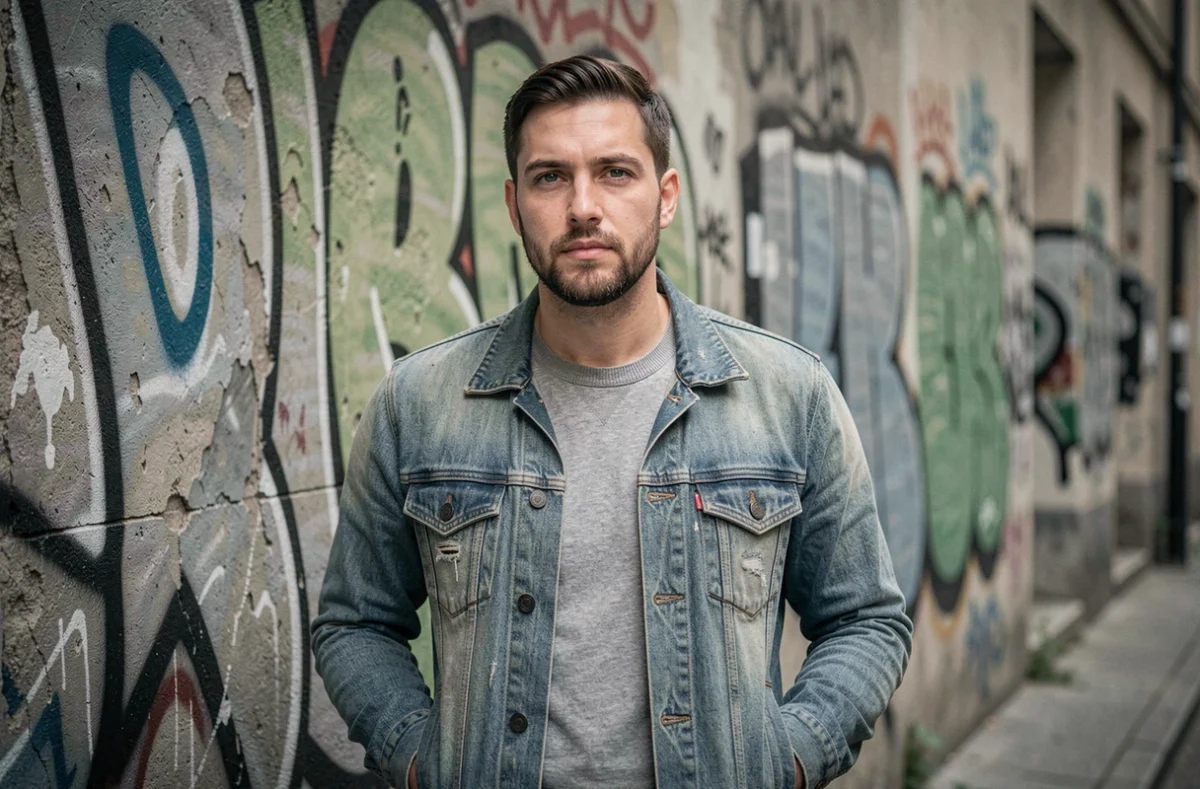 Jeune homme avec un style barbe courte en milieu urbain, représentant une attitude décontractée et moderne associée au look de trois jours