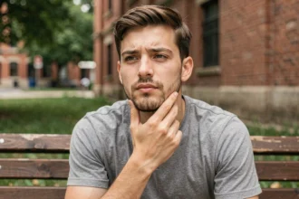 Jeune homme d'environ 18 ans touchant sa barbe naissante et clairsemée en plein air, illustrant l'âge auquel la barbe commence à pousser