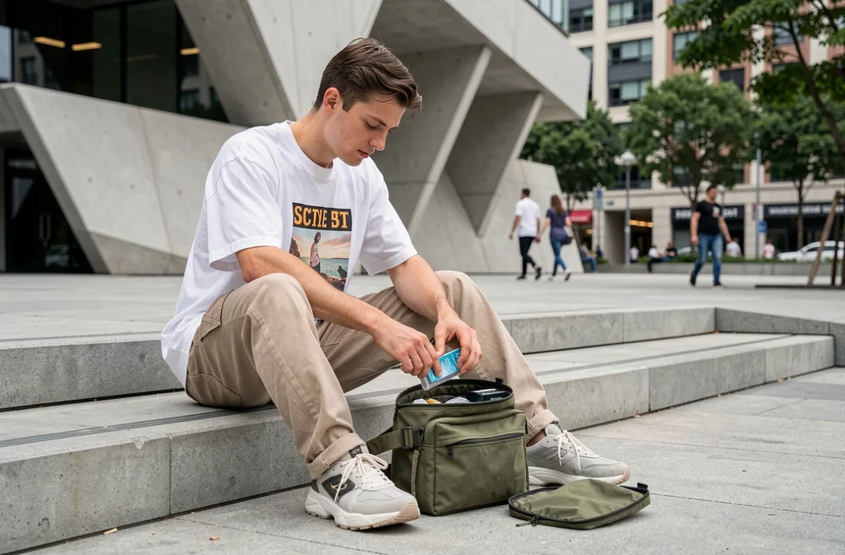 Jeune homme en streetwear triant ses affaires dans un sac banane en toile kaki sur des marches urbaines