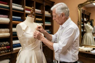 Maître tailleur épinglant une robe en soie sur un mannequin dans un atelier de haute couture parisien