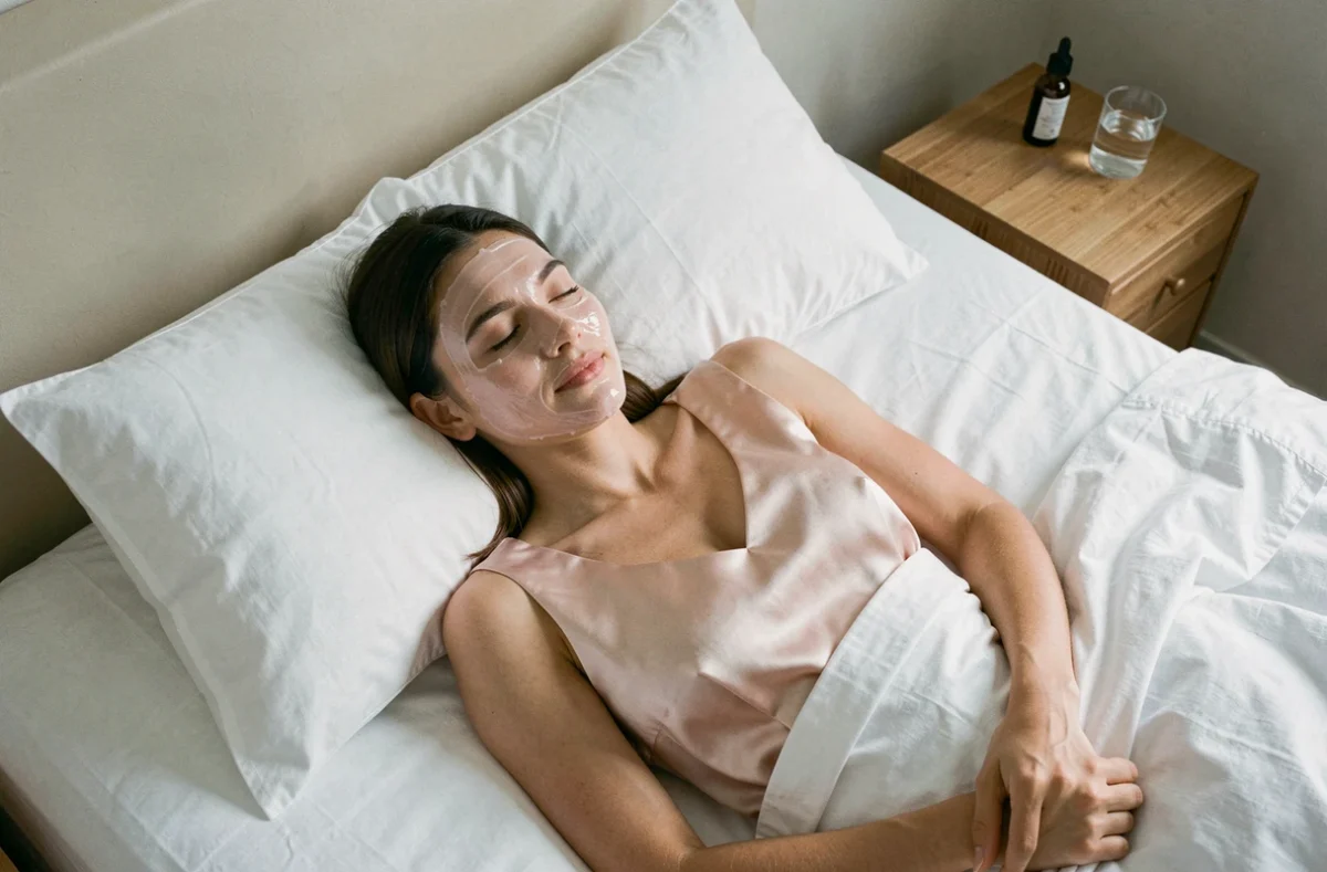 Femme allongée avec un masque hydratant sur le visage pour une peau lisse au réveil