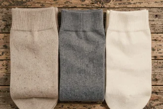 Comparatif de matières de chaussettes en laine mérinos, coton et bambou posées sur bois naturel
