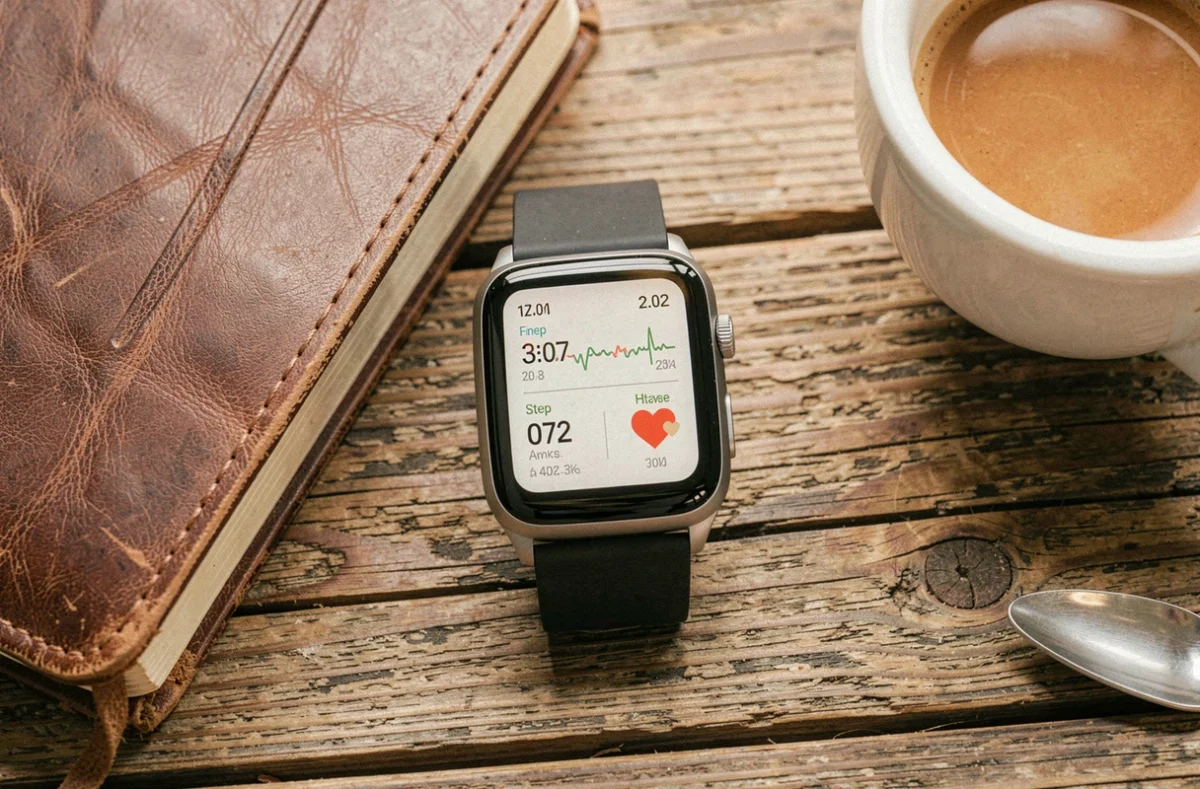 Montre connectée posée sur une table en bois avec un carnet en cuir et une tasse d'espresso, vue de dessus