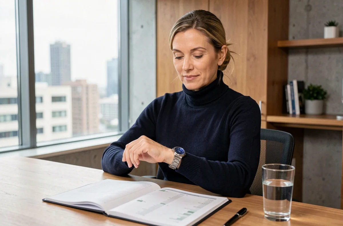 Femme d'affaires consultant sa montre haut de gamme en acier inoxydable dans un bureau moderne