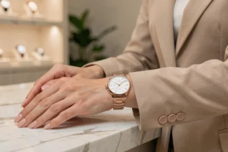 Femme portant une montre de luxe en or rose sur un fond de boutique minimaliste