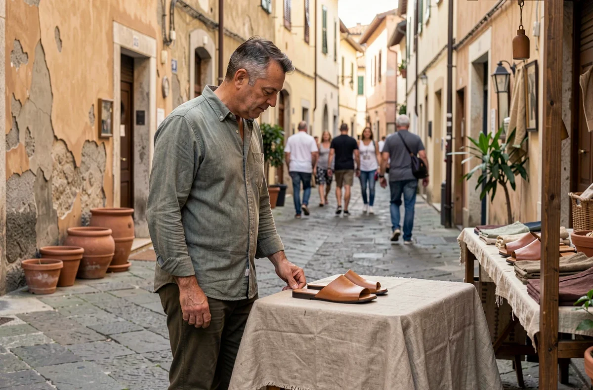 Homme inspectant des mules en cuir minimalistes sur un marché en plein air comme alternative aux Birkenstock