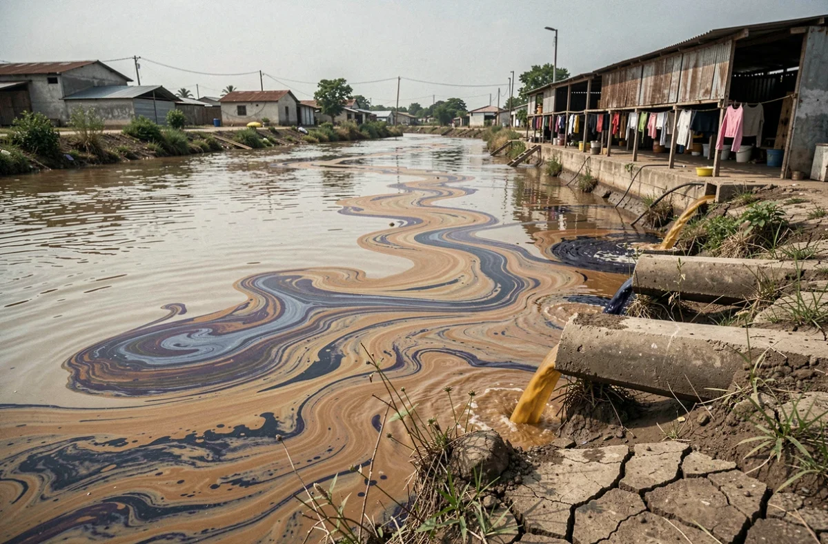 Rivière polluée par les rejets chimiques de teintures industrielles provenant d'une usine de fabrication de vêtements, montrant les conséquences environnementales de l'industrie textile