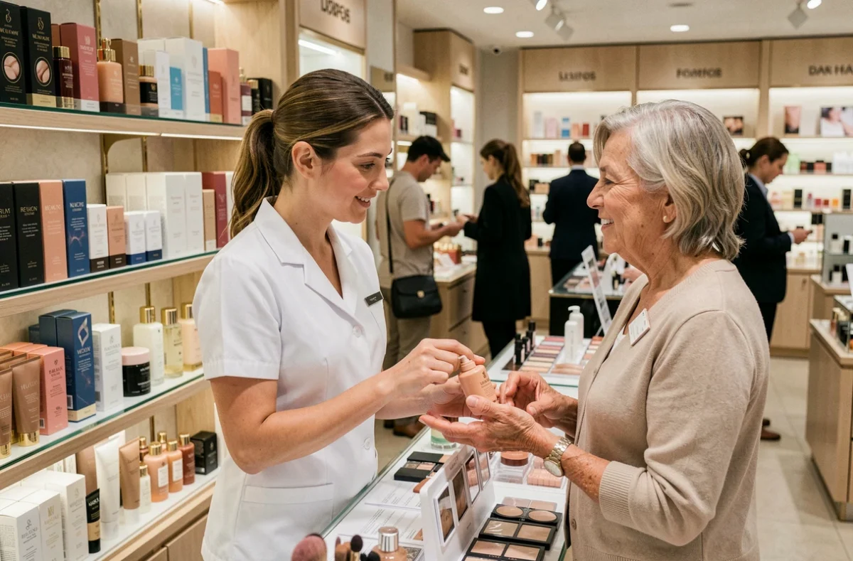 Conseillère beauté et cliente testant des produits cosmétiques au rayon parfumerie d'un grand magasin français