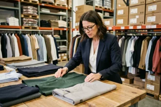 Responsable achats examinant des échantillons de tissus dans un showroom de grossiste vêtements