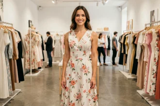 Femme portant une robe prêt-à-porter florale dans une boutique de mode parisienne
