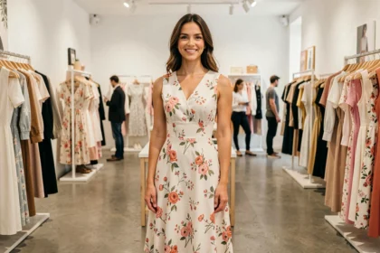 Femme portant une robe prêt-à-porter florale dans une boutique de mode parisienne