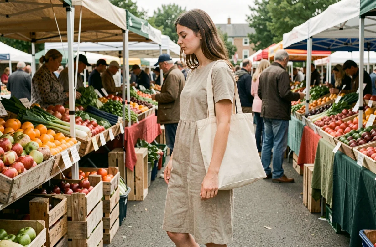 Jeune femme en robe prêt-à-porter en lin beige dans un marché en plein air