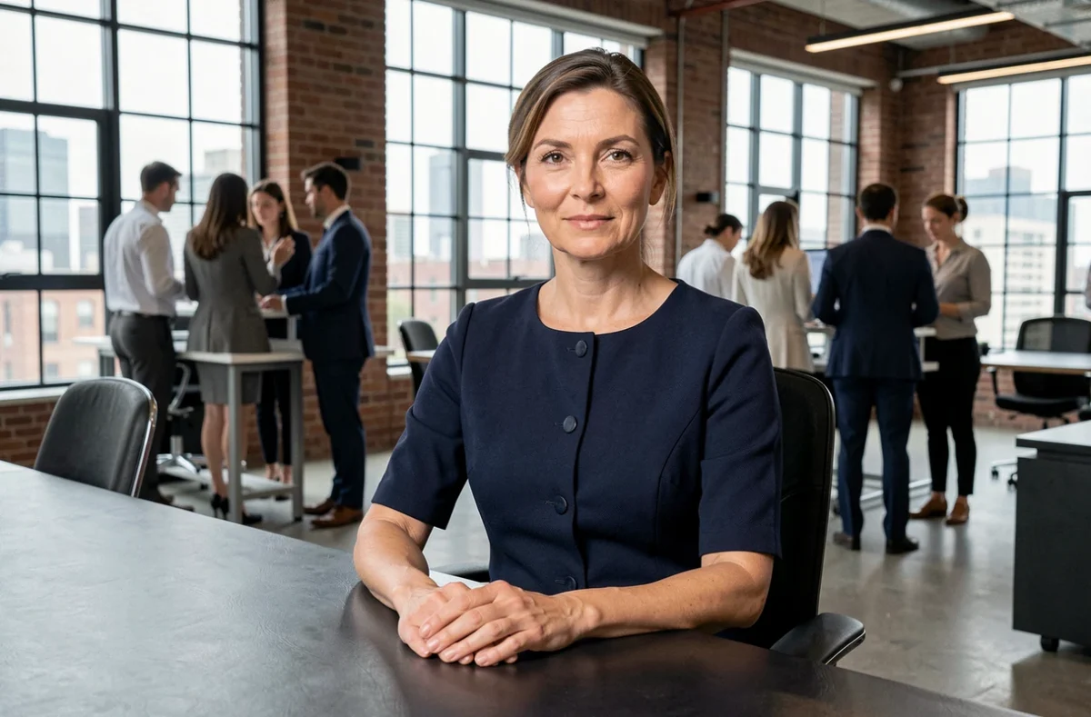 Femme en robe prêt-à-porter bleu marine dans un bureau moderne et professionnel